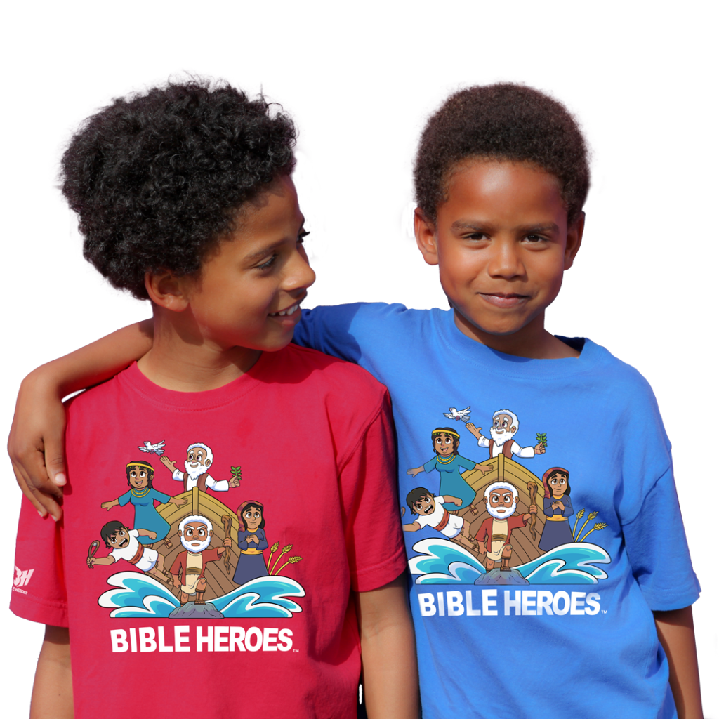 Two little boys friends wearing Bible Heroes t-shirts